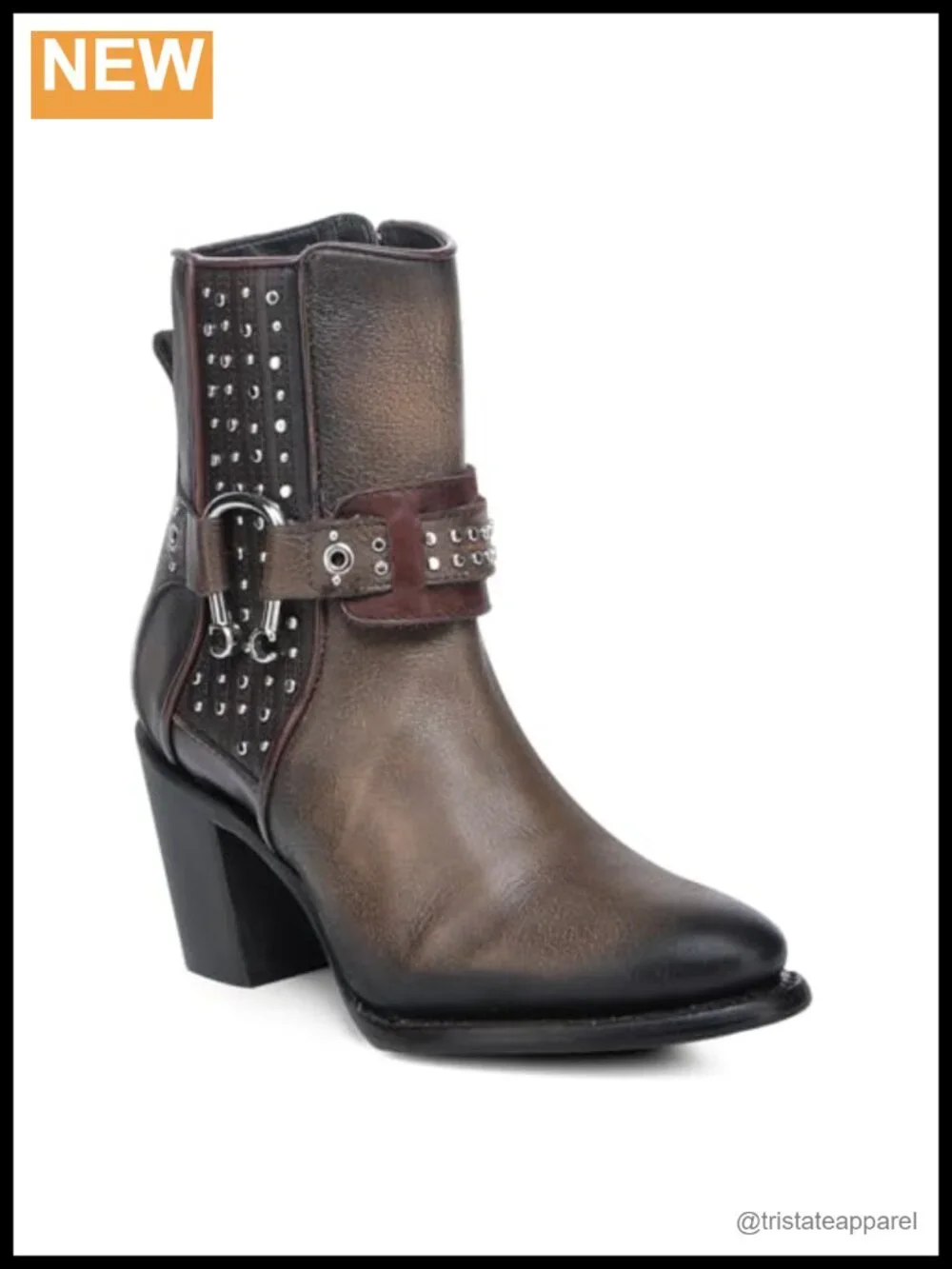 Cuadra Women's Leather Biker Booties with Studs Pointed Toe Cuban Heel